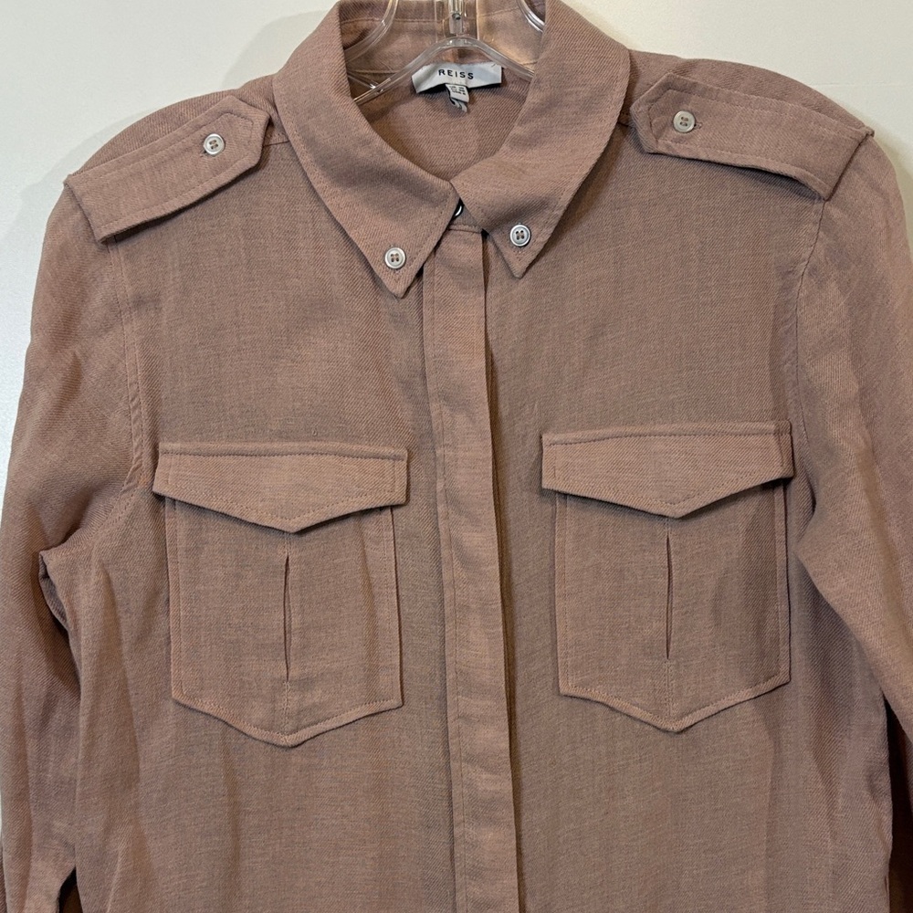 Reiss Blush Pink Linen Utility Shirt Button Front, Epaulettes size 6 - Picture 4 of 5